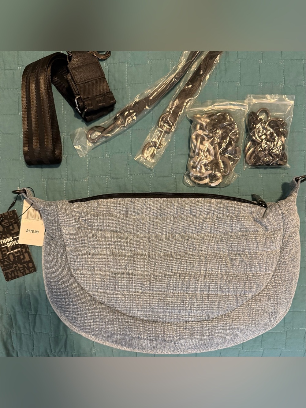 NWT Think Royln Denim Crescent Bag Multi Strap Chain $178